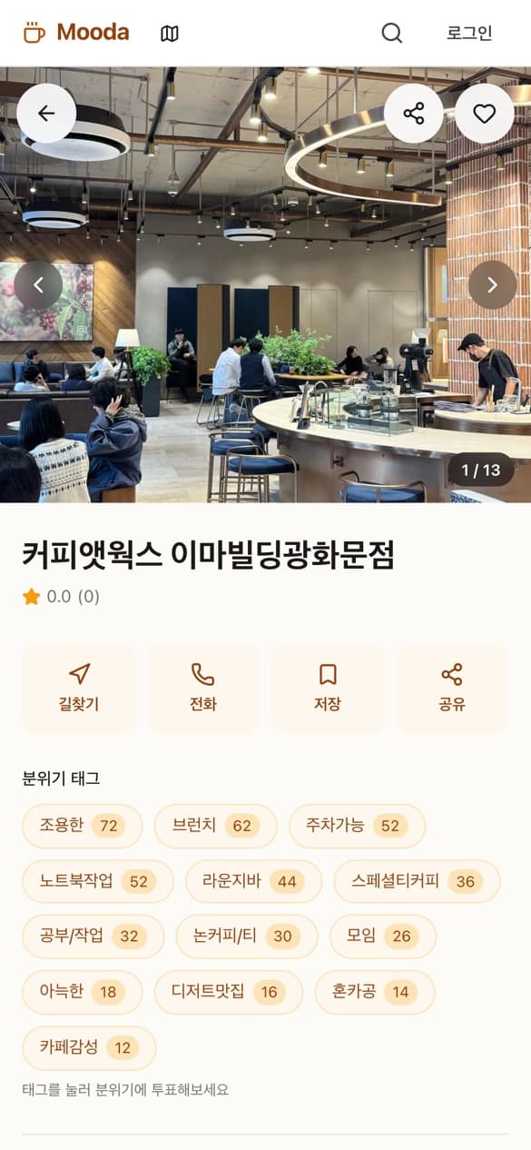 Mooda 모바일 카페 상세: 매장 사진과 투표 수가 붙은 분위기 태그
